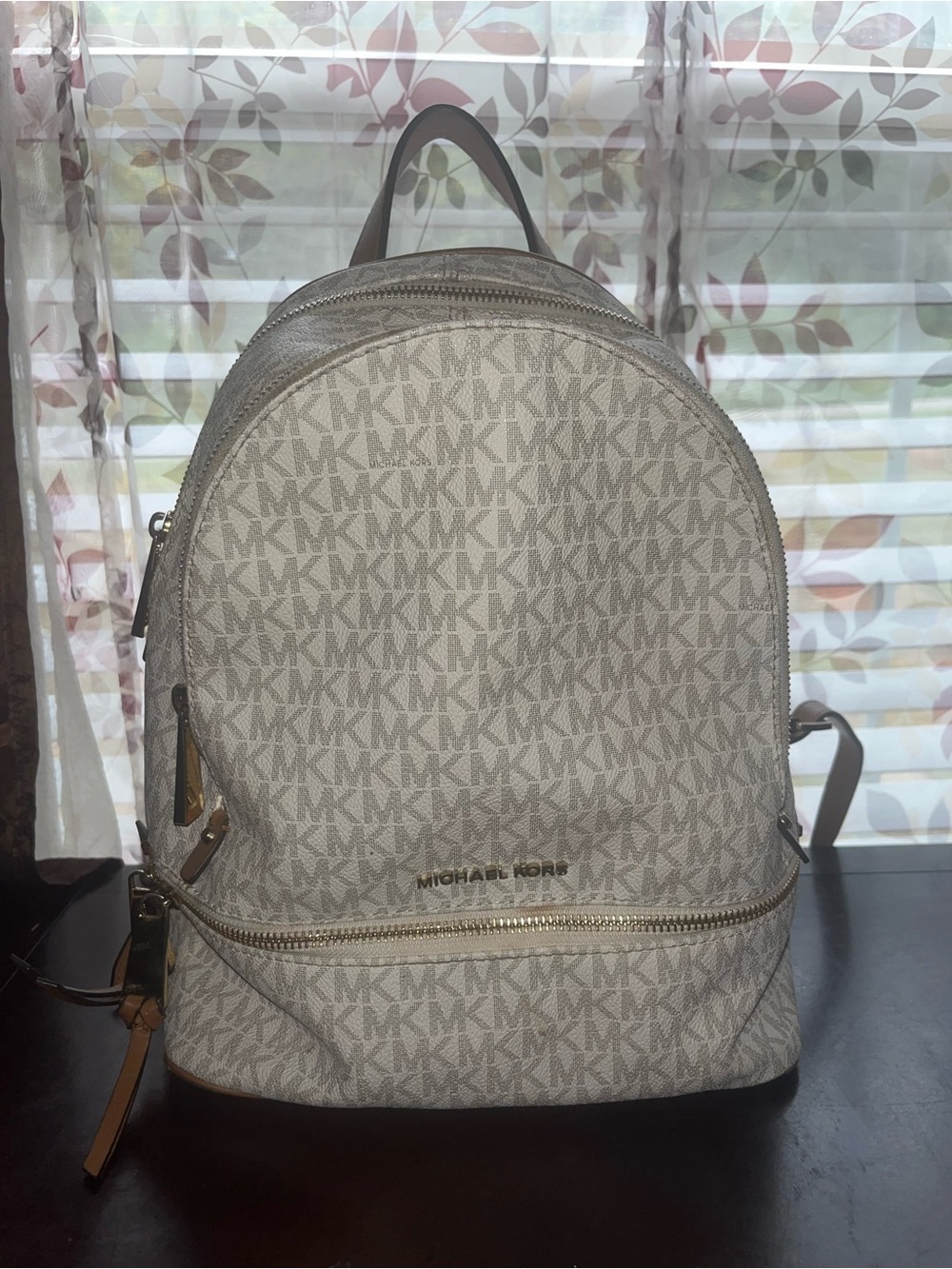 Michael Kors Light Beige Signature MK Backpack with Gold Accents